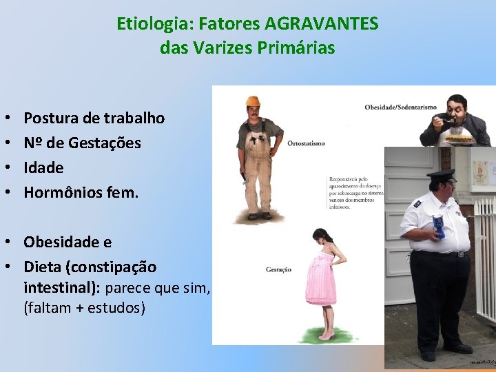 Etiologia: Fatores AGRAVANTES das Varizes Primárias • • Postura de trabalho Nº de Gestações