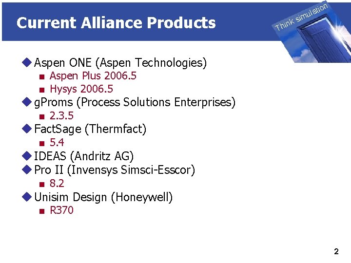 Current Alliance Products THINK on ti SIMULATION ula nk i h T sim u