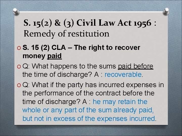 S. 15(2) & (3) Civil Law Act 1956 : Remedy of restitution O S.