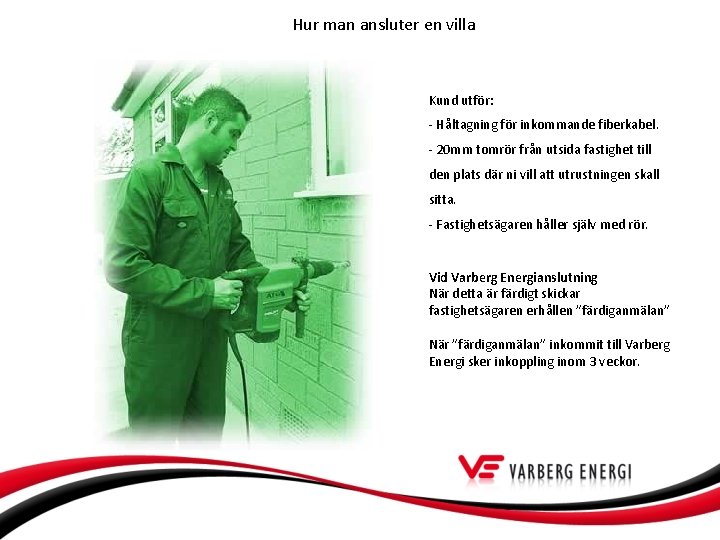 Hur man ansluter en villa Kund utför: - Håltagning för inkommande fiberkabel. - 20