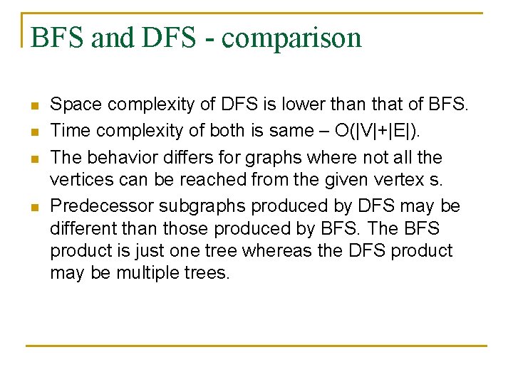 BFS and DFS - comparison n n Space complexity of DFS is lower than BFS and DFS - comparison n n Space complexity of DFS is lower than