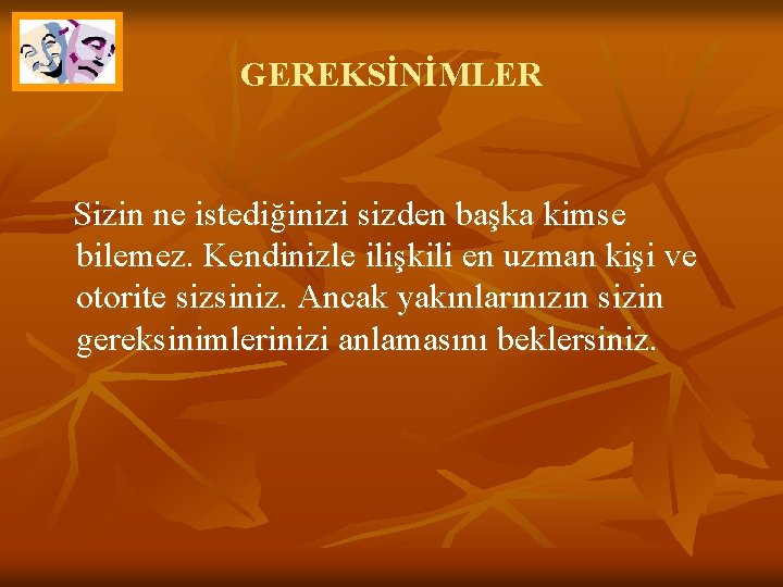 GEREKSİNİMLER Sizin ne istediğinizi sizden başka kimse bilemez. Kendinizle ilişkili en uzman kişi ve