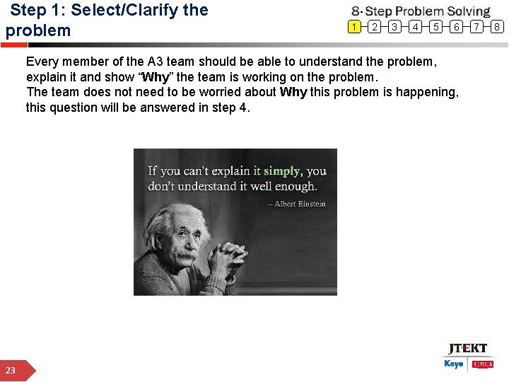 Step 1: Select/Clarify the problem 8 Step Problem Solving 1 2 3 4 5