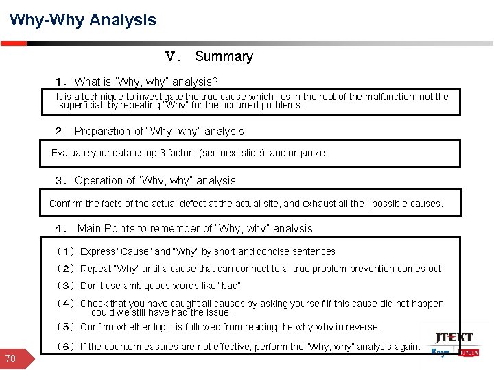 Why-Why Analysis Ⅴ. 　Summary 　１．What is “Why, why” analysis? 　It is a technique to