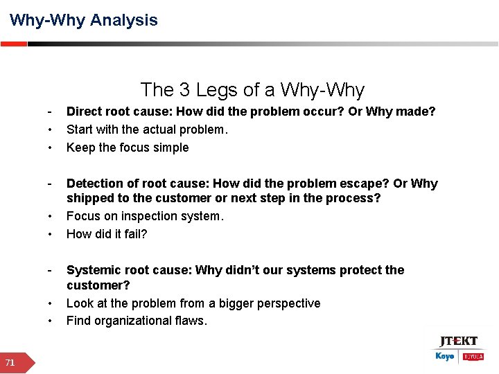 Why-Why Analysis The 3 Legs of a Why-Why • • Direct root cause: How