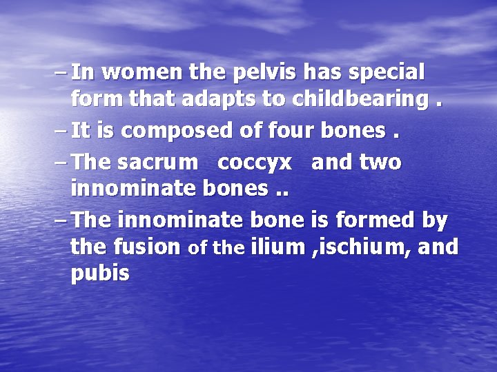 – In women the pelvis has special form that adapts to childbearing. – It