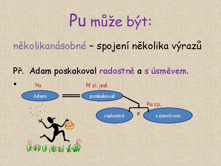 Pu může být: několikanásobné – spojení několika výrazů Př. Adam poskakoval radostně a s