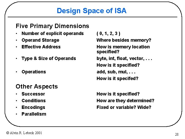Design Space of ISA Five Primary Dimensions • Number of explicit operands • Operand Design Space of ISA Five Primary Dimensions • Number of explicit operands • Operand