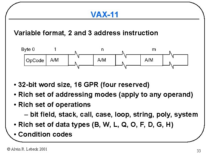 VAX-11 Variable format, 2 and 3 address instruction • 32 -bit word size, 16 VAX-11 Variable format, 2 and 3 address instruction • 32 -bit word size, 16