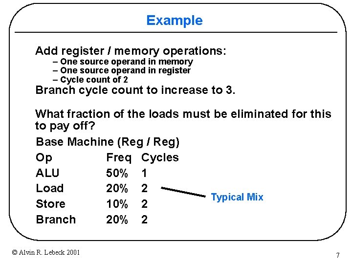 Example Add register / memory operations: – One source operand in memory – One Example Add register / memory operations: – One source operand in memory – One