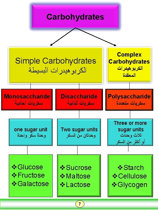 Carbohydrates Simple Carbohydrates ﺍﻟﻜﺮﺑﻮﻫﻴﺪﺭﺍﺕ ﺍﻟﺒﺴﻴﻄﺔ Monosaccharide ﺳﻜﺮﻳﺎﺕ ﺃﺤﺎﺩﻳﺔ one sugar unit ﻭﺣﺪﺓ ﺳﻜﺮ ﻭﺍﺣﺪﺓ