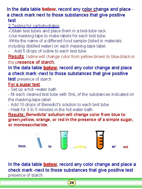 In the data table below, record any color change and place a check mark