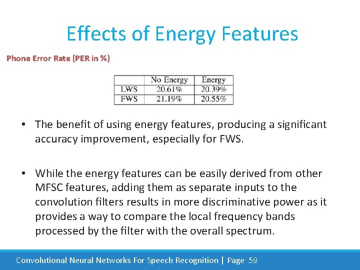  Effects of Energy Features Phone Error Rate (PER in %) • The beneﬁt
