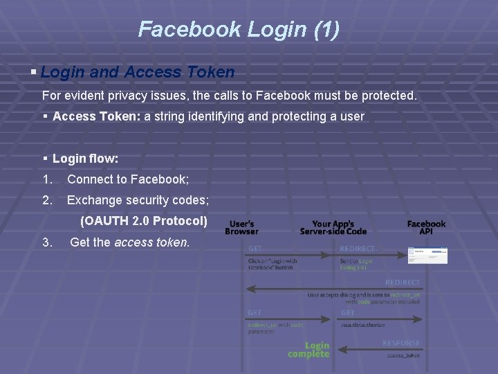 Facebook Login (1) § Login and Access Token For evident privacy issues, the calls
