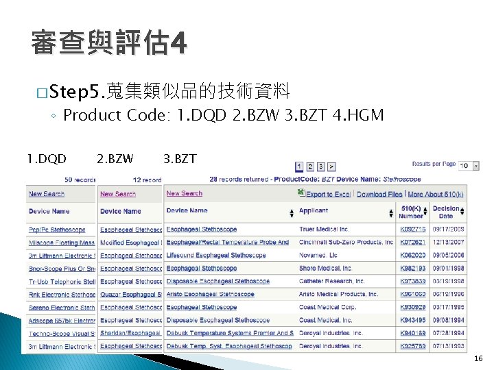 審查與評估 4 � Step 5. 蒐集類似品的技術資料 ◦ Product Code: 1. DQD 2. BZW 3.