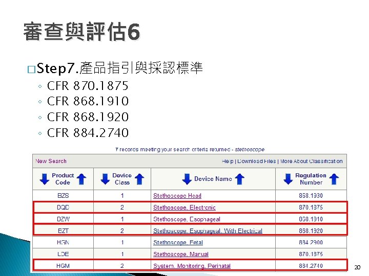 審查與評估 6 � Step 7. 產品指引與採認標準 ◦ ◦ CFR CFR 870. 1875 868. 1910