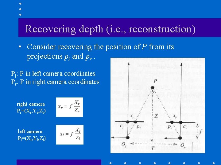 Recovering depth (i. e. , reconstruction) • Consider recovering the position of P from