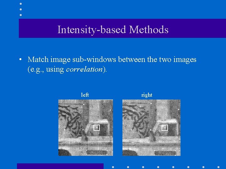 Intensity-based Methods • Match image sub-windows between the two images (e. g. , using