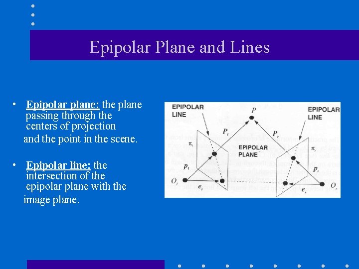 Epipolar Plane and Lines • Epipolar plane: the plane passing through the centers of