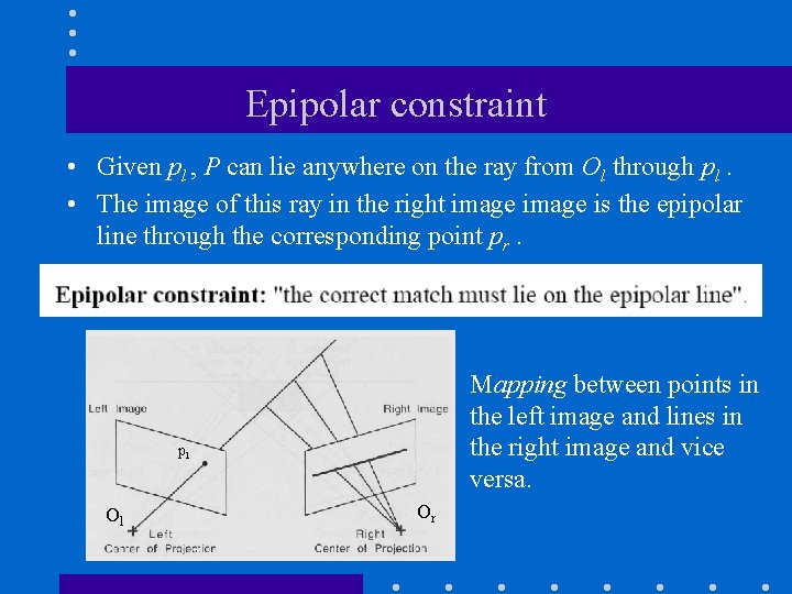 Epipolar constraint • Given pl , P can lie anywhere on the ray from