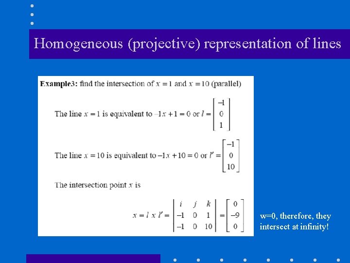 Homogeneous (projective) representation of lines w=0, therefore, they intersect at infinity! 