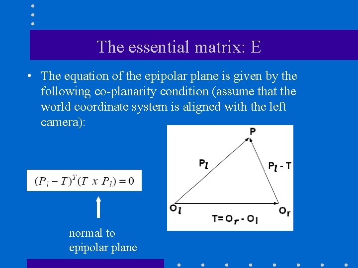 The essential matrix: E • The equation of the epipolar plane is given by