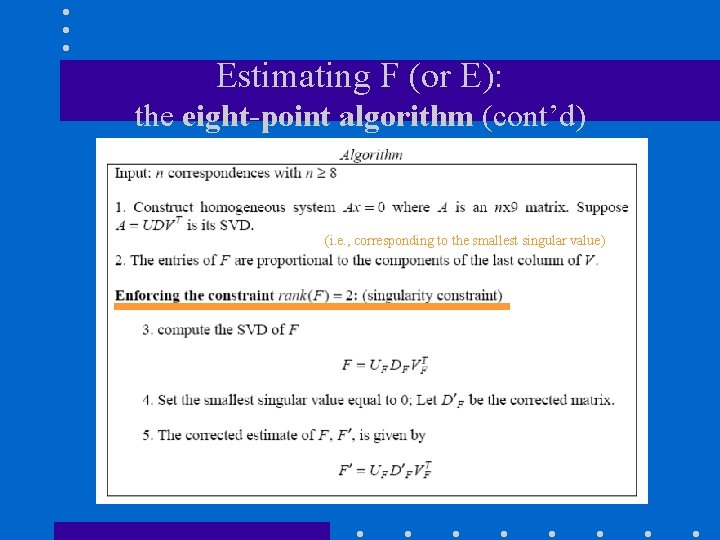 Estimating F (or E): the eight-point algorithm (cont’d) (i. e. , corresponding to the