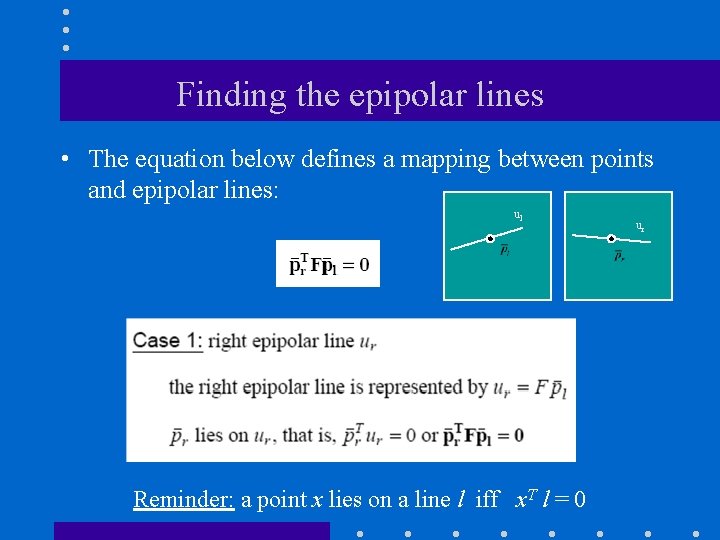 Finding the epipolar lines • The equation below defines a mapping between points and