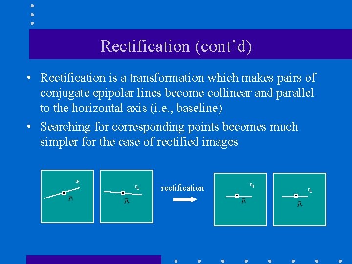 Rectification (cont’d) • Rectification is a transformation which makes pairs of conjugate epipolar lines