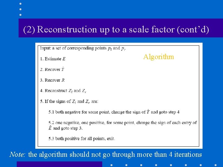 (2) Reconstruction up to a scale factor (cont’d) Algorithm Note: the algorithm should not