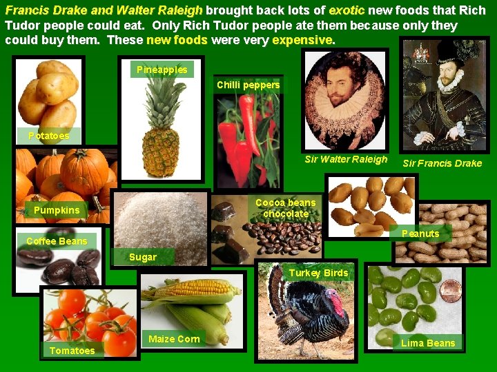 Francis Drake and Walter Raleigh brought back lots of exotic new foods that Rich