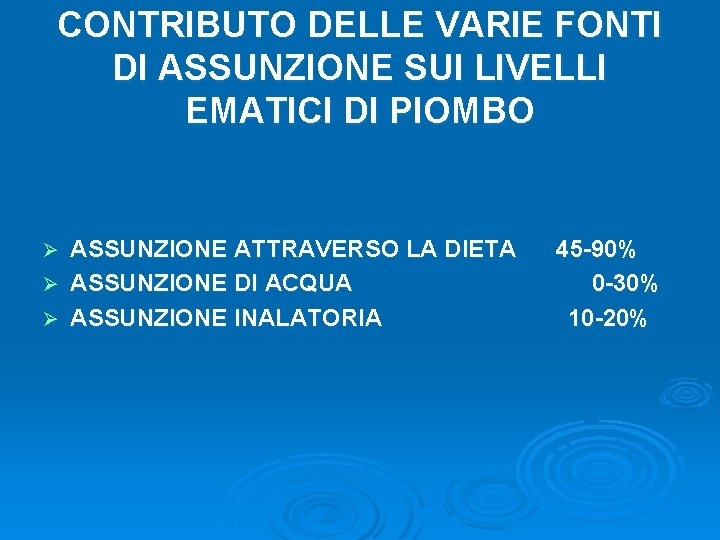 CONTRIBUTO DELLE VARIE FONTI DI ASSUNZIONE SUI LIVELLI EMATICI DI PIOMBO ASSUNZIONE ATTRAVERSO LA