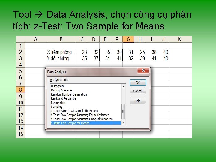 Tool Data Analysis, chọn công cụ phân tích: z-Test: Two Sample for Means 