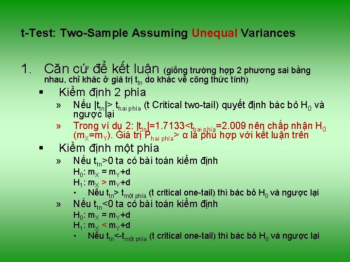 t-Test: Two-Sample Assuming Unequal Variances 1. Căn cứ để kết luận (giống trường hợp