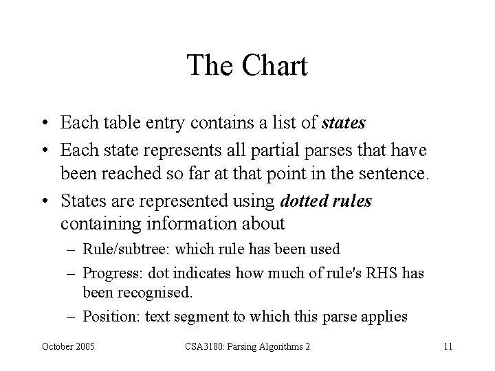 The Chart • Each table entry contains a list of states • Each state