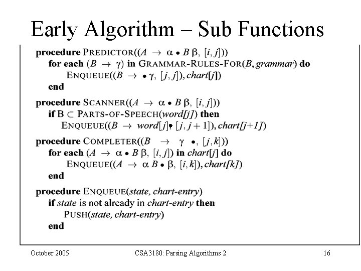 Early Algorithm – Sub Functions October 2005 CSA 3180: Parsing Algorithms 2 16 