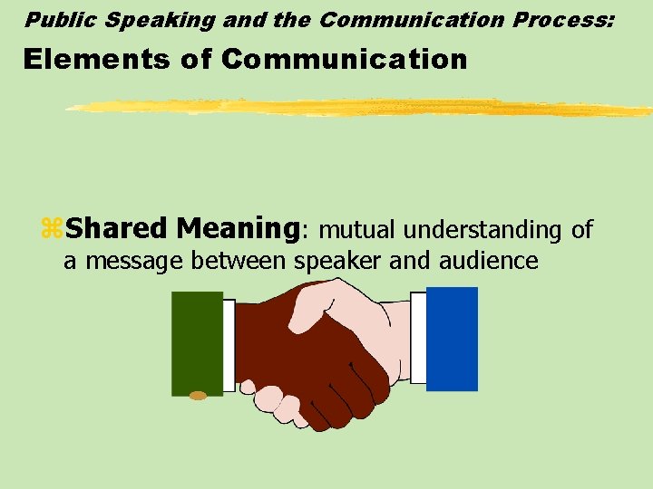 Public Speaking and the Communication Process: Elements of Communication z. Shared Meaning: mutual understanding