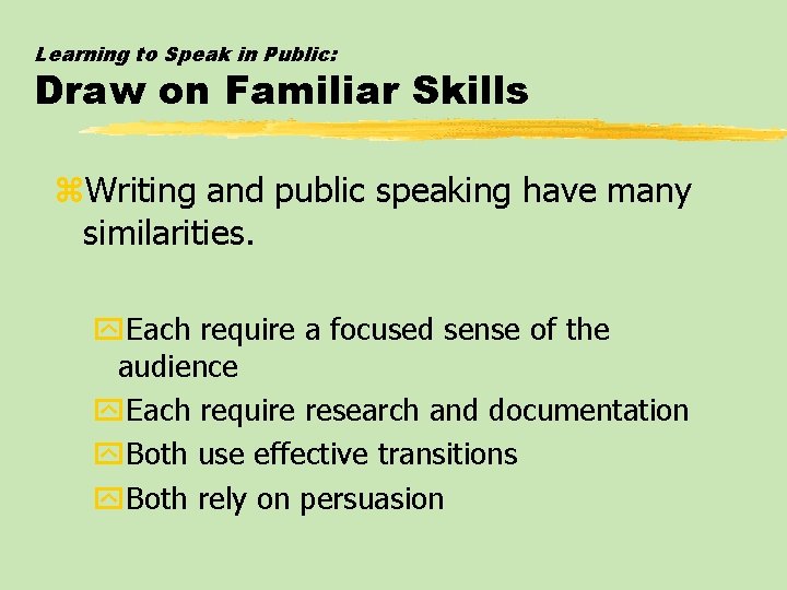 Learning to Speak in Public: Draw on Familiar Skills z. Writing and public speaking