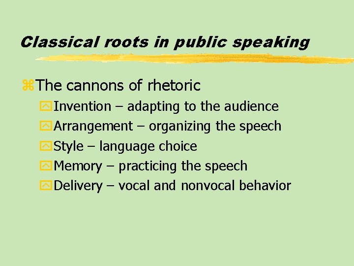 Classical roots in public speaking z. The cannons of rhetoric y. Invention – adapting