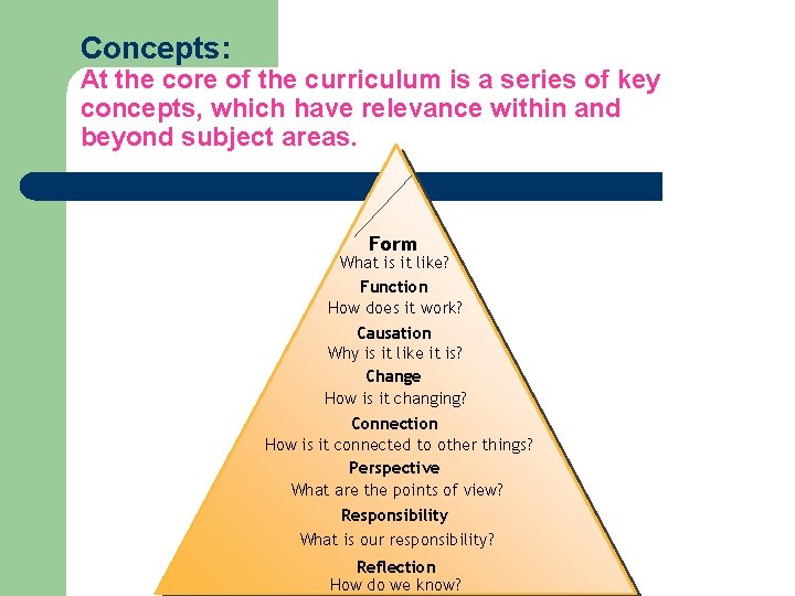 Concepts: At the core of the curriculum is a series of key concepts, which