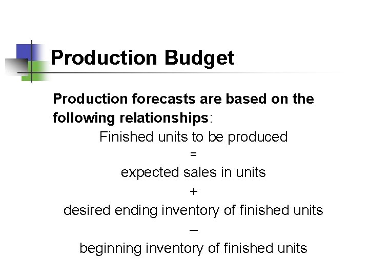Production Budget Production forecasts are based on the following relationships: Finished units to be