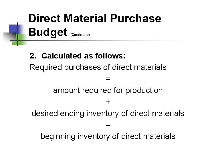 Direct Material Purchase Budget (Continued) 2. Calculated as follows: Required purchases of direct materials