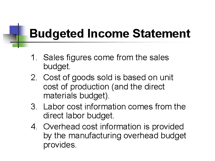 Budgeted Income Statement 1. Sales figures come from the sales budget. 2. Cost of