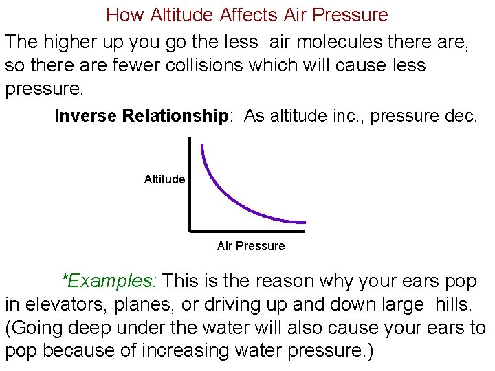 How Altitude Affects Air Pressure The higher up you go the less air molecules