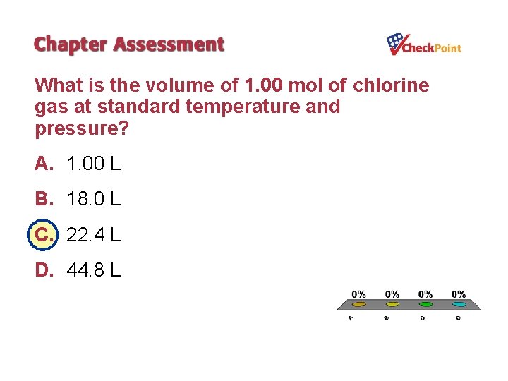 What is the volume of 1. 00 mol of chlorine gas at standard temperature