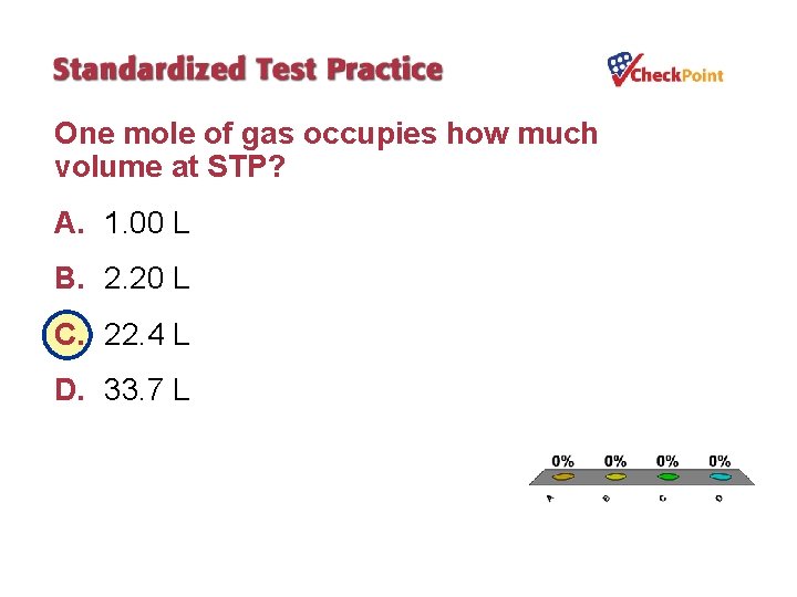 One mole of gas occupies how much volume at STP? A. 1. 00 L