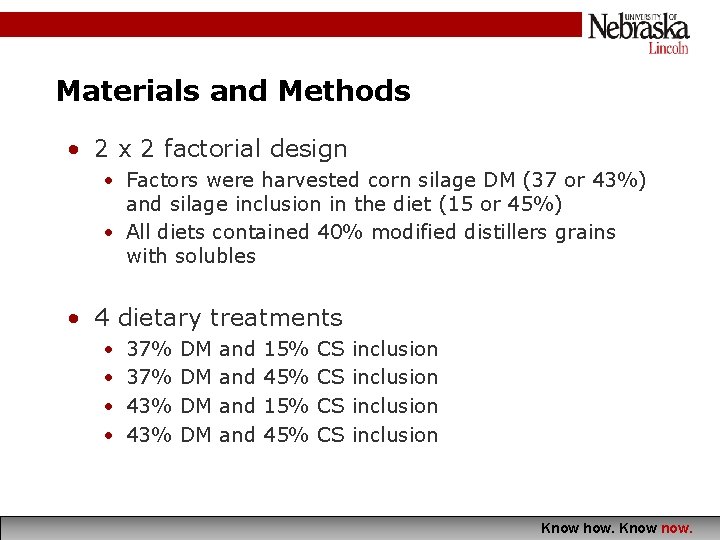 Materials and Methods • 2 x 2 factorial design • Factors were harvested corn