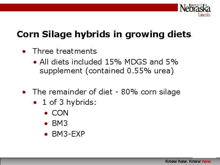 Corn Silage hybrids in growing diets • Three treatments • All diets included 15%