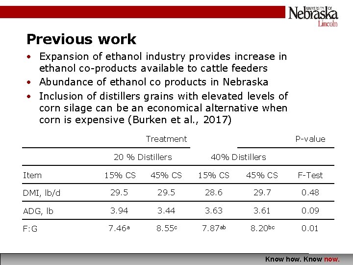 Previous work • Expansion of ethanol industry provides increase in ethanol co-products available to