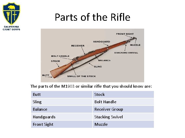 Parts of the Rifle The parts of the M 1903 or similar rifle that